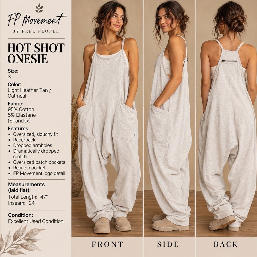 FP Movement Free People Hot Shot S Heather Oatmeal Oversized Jumpsuit